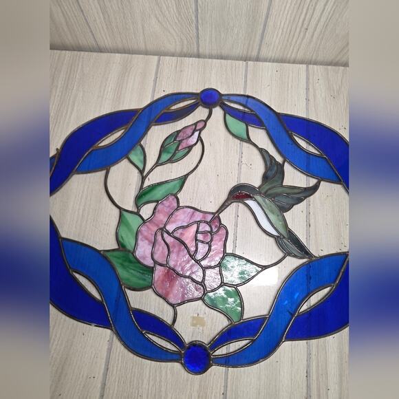 Vtg Humming Bird And Rose Stained Glass Oval Leaded Antique? 16x22" Read - Picture 8 of 13